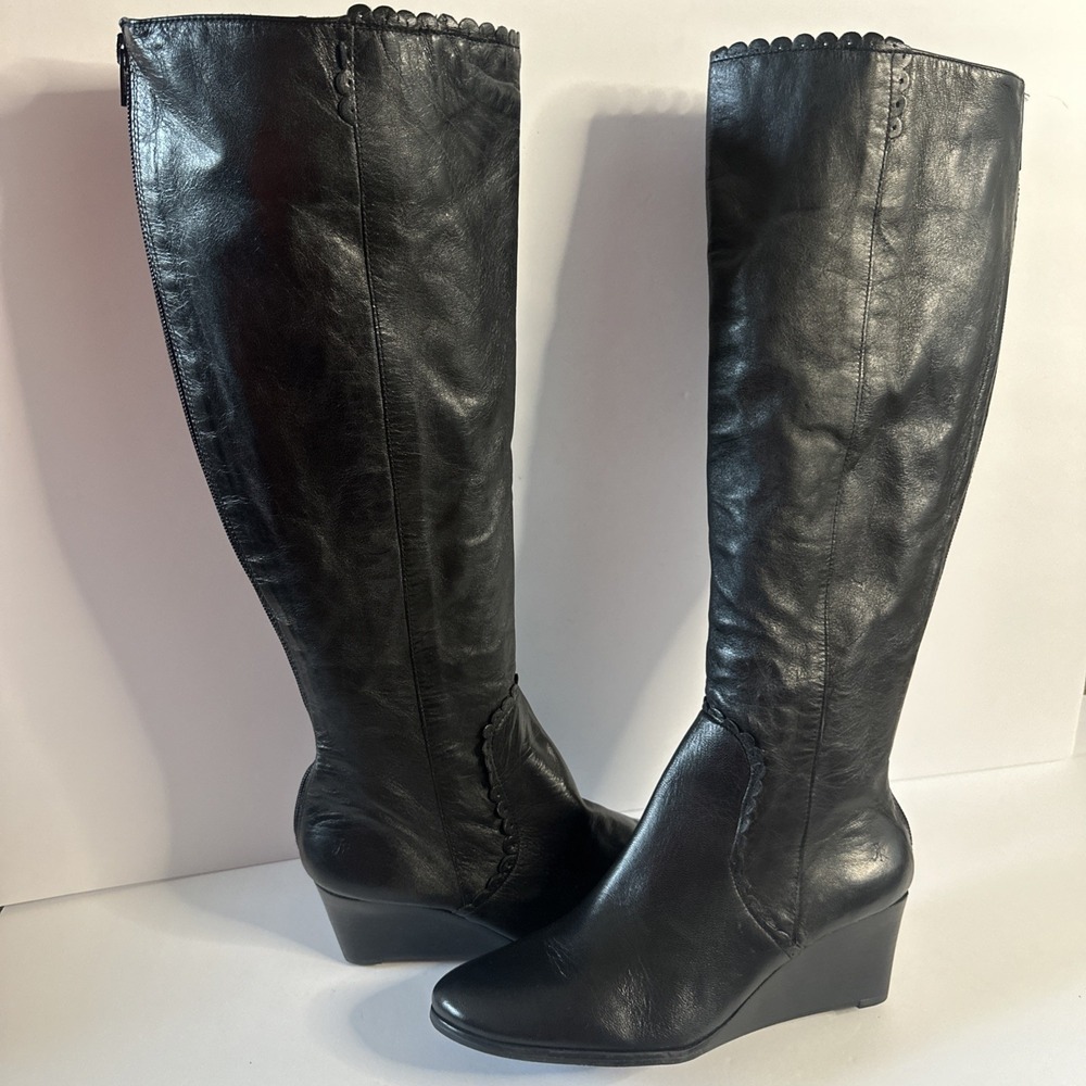 Jack Rogers Black‎ Leather Wedge Scalloped trim Knee Hi Sz 8
